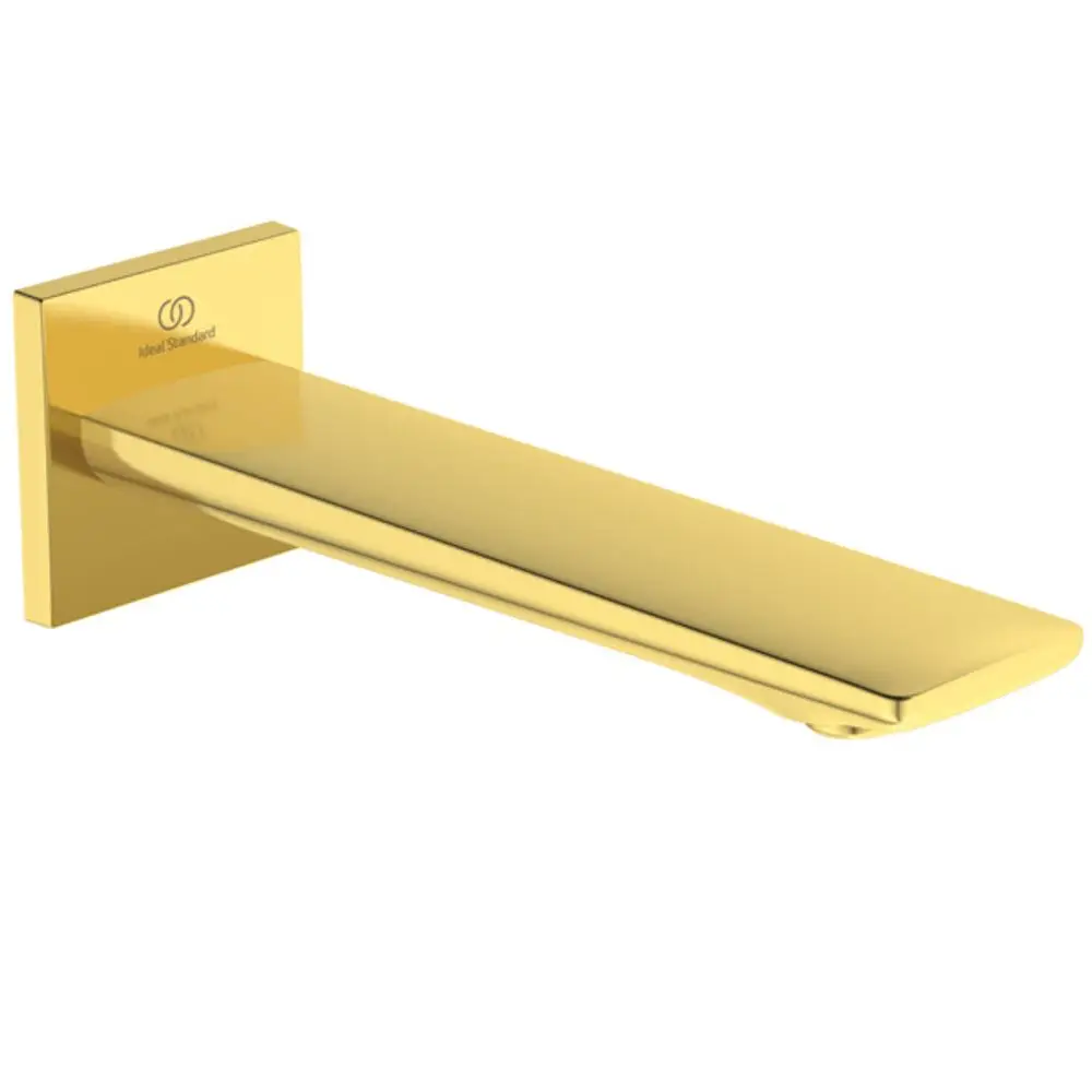 Wandauslauf in Goldoptik von Ideal Standard, mit eckiger Rosette, geradlinigem Design und minimalistischer Form. Ideal für moderne Badezimmerumgebungen.